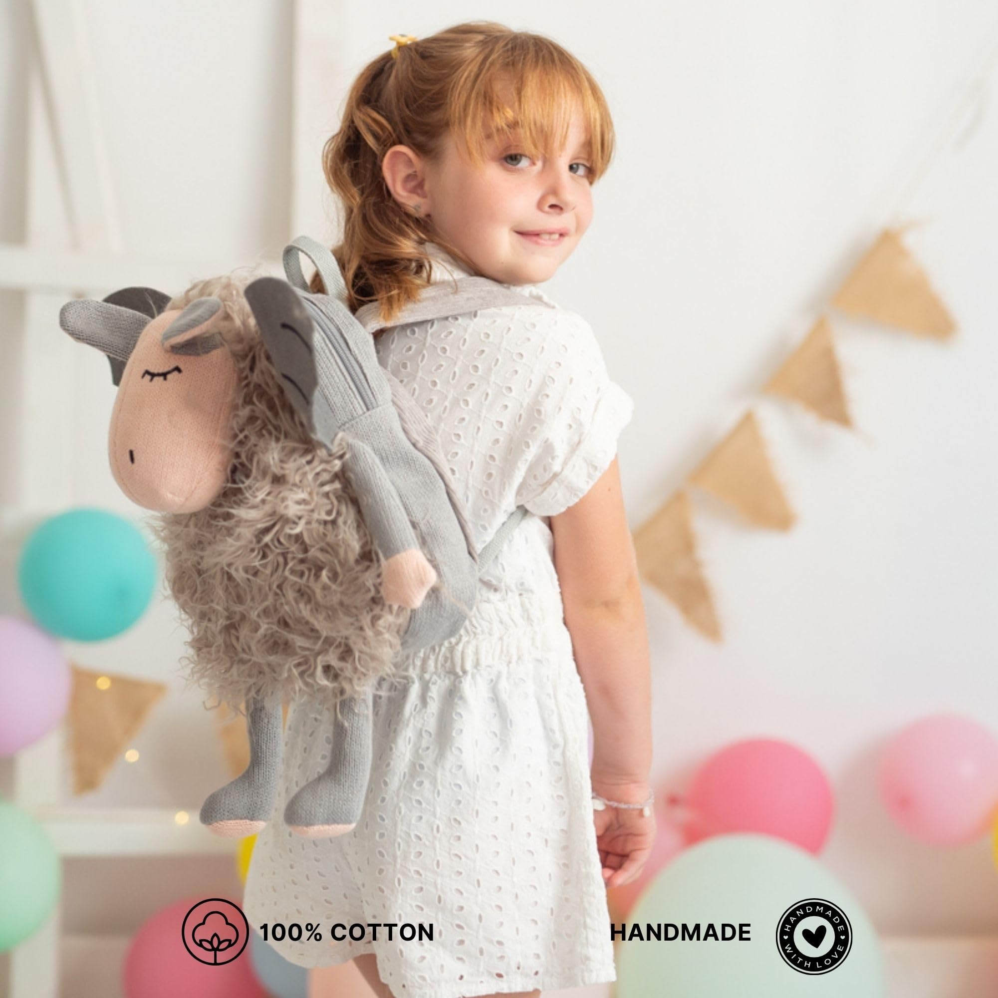 CROCHETTS | Plecak dziecięcy 2-5 lat Vampi do przedszkola tkany szydełkowany z hipoalergicznej wełny bawełnianej. Podwójny zamek błyskawiczny i regulowane uchwyty. Kolory szaro-różowe, Szary, różowy