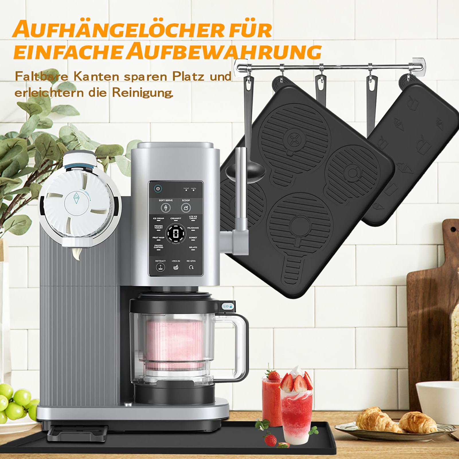Gleitunterlage für Ninja Creami Eismaschine NC700/500/300 Arbeitsplattenmatte, 3 Stück Silikonmatte Set für Ninja Creami Zubehör mit Ablaufrinne, Verdicktes Design zur Reduzierung von Vibrationsgeräus