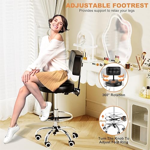 Miniatura 5 de YJHome Taburete rodante, taburetes rodantes con ruedas, reposapiés, respaldo de altura ajustable, capacidad de peso de 400 libras, silla giratoria