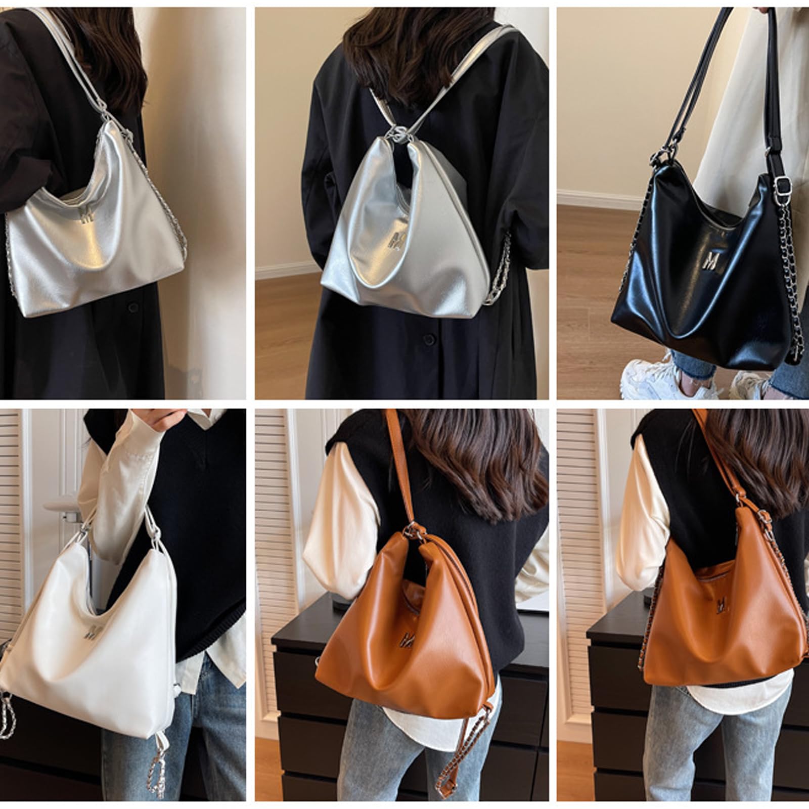 NICOLE & DORIS Borsa Donna Tracolla Grande Borsa a Spalla Moda Borsa a Mano Versatile Borse Hobo Pelle PU Zaino Convertibile Borsetta Shopper Argento