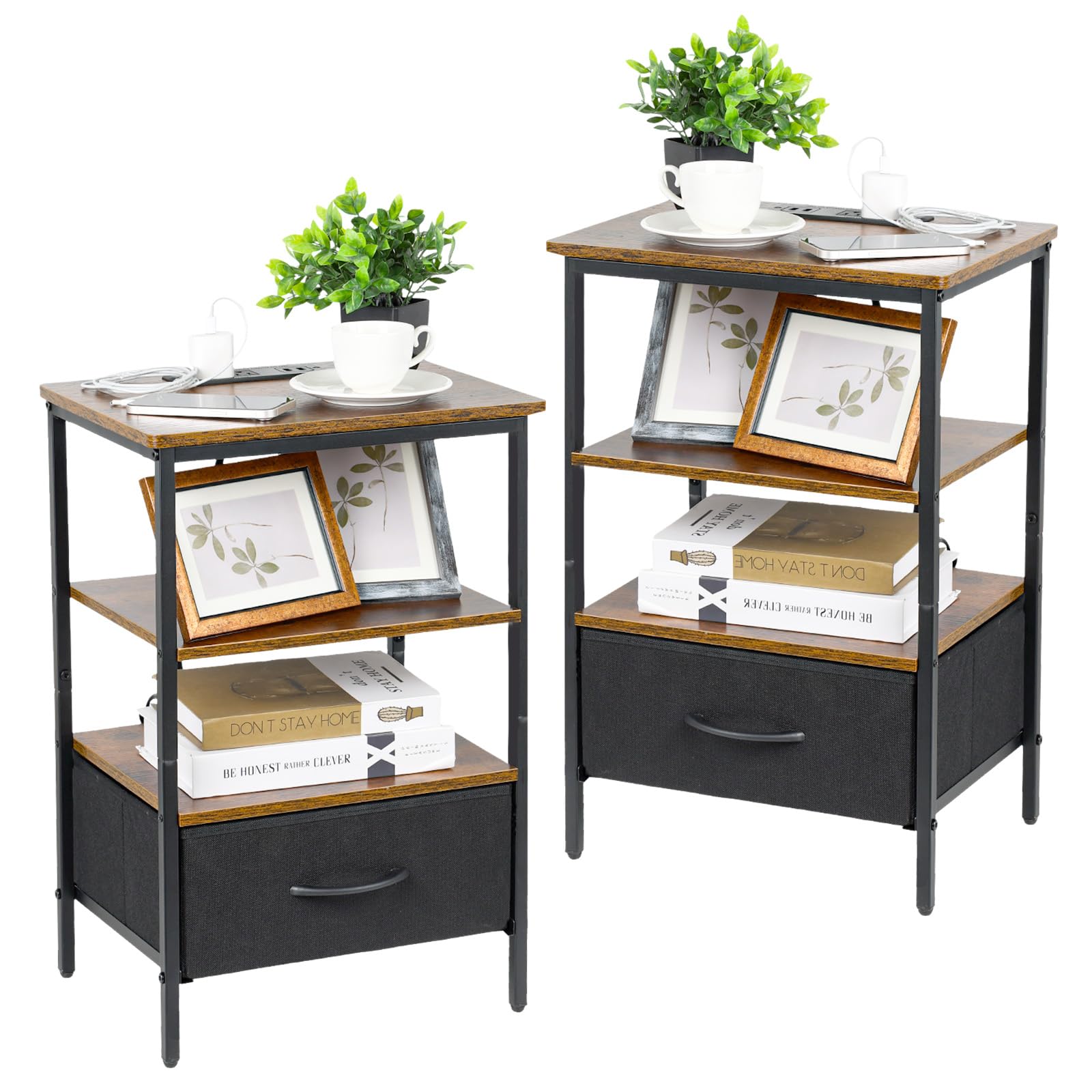 Fixwal Nightstands Set of 2 with Charging Station, Bed Side Table with Adjustable Fabric Drawer, 3-Tier Storage End Table for Living Room, Bedroom, Rustic Brown