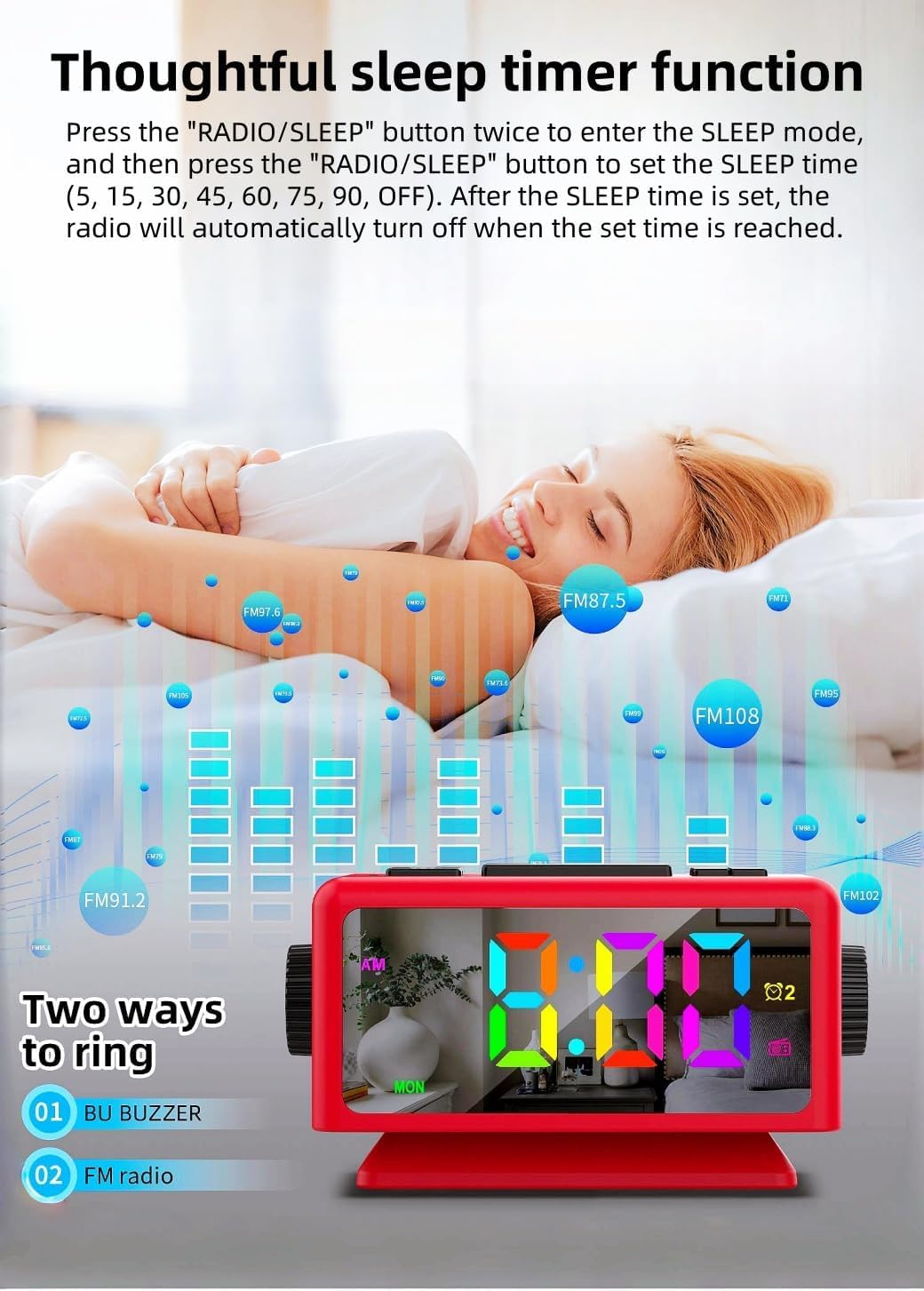 RGB Sveglia colorata Calendario perpetuo Radio FM Orologio elettronico Funzione snooze Allarmi multipli Regolazione automatica della luminosità Uscita di alimentazione USB (Black1)