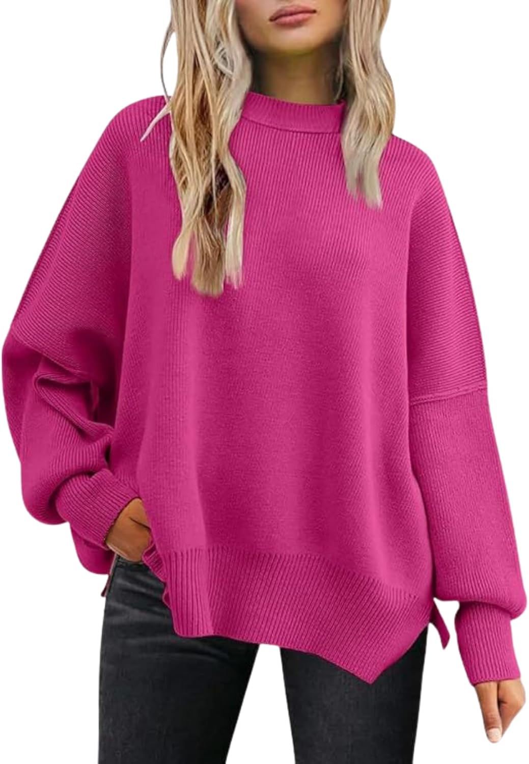 LIZALIG Women's Oversized Batwing Casual Sweaters Fall Outfits Knit Side Slit Fashion Crewneck Pullover Batwing Tops