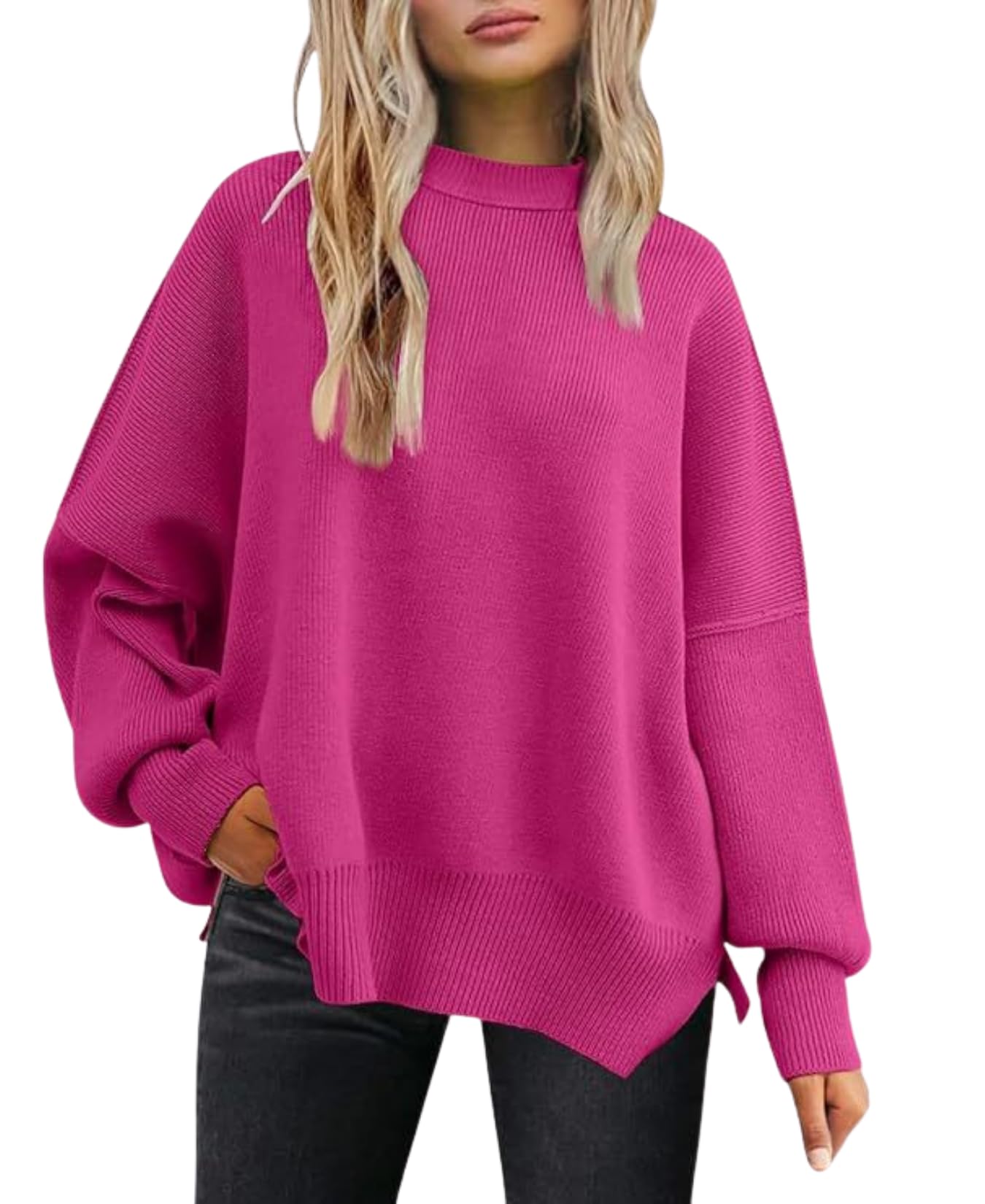 LIZALIG Womens Oversized Batwing Casual Sweaters Fall Outfits Knit Side Slit Fashion Crewneck Pullover Batwing Tops