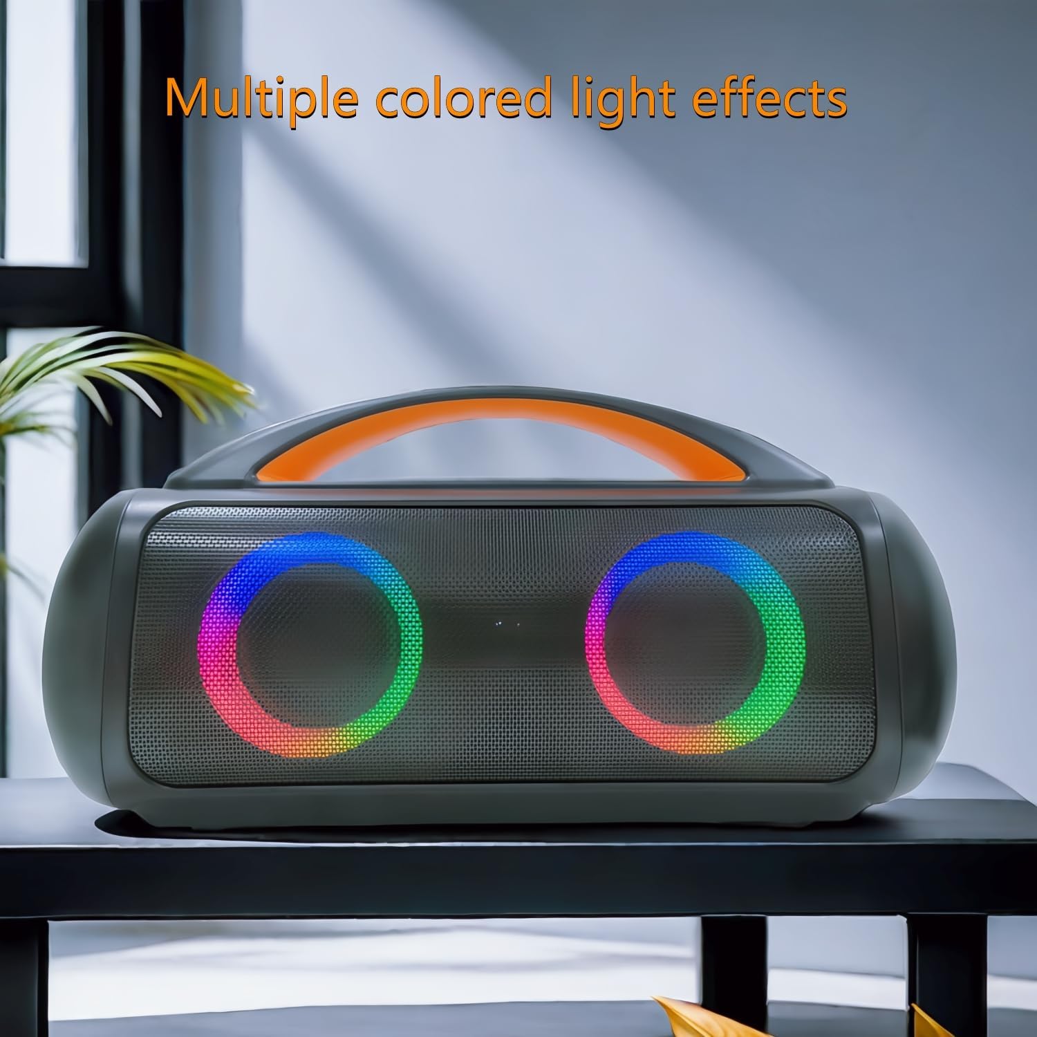 YLD-KAU Portable Wireless Speaker EPS03 displaying multi-colored LED light effects on its front grilles