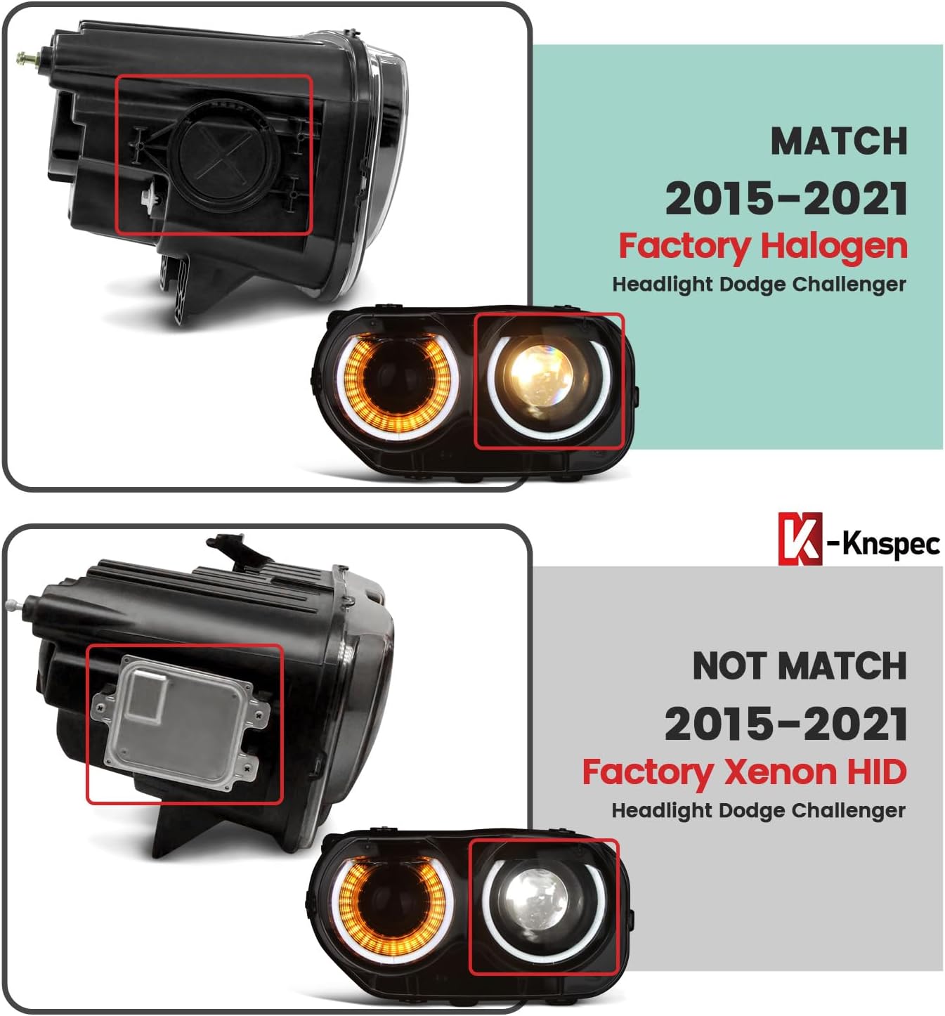 Headlight Assembly Compatible With Dodge Challenger 2015-2021 Black Housing Halogen Head Lights Replaceable 68174064AF CH2503267 Headlight(Right Passenger Side Challenger 15-21)
