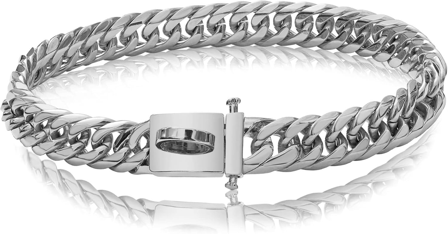 BAOBOTE Gold Chain Dog Collar with Secure Snap Buckle,19MM Cuban Link Dog Collar,Chew Proof Heavy Duty Pitbull Collar for Medium and Large Dogs(14" Silver)