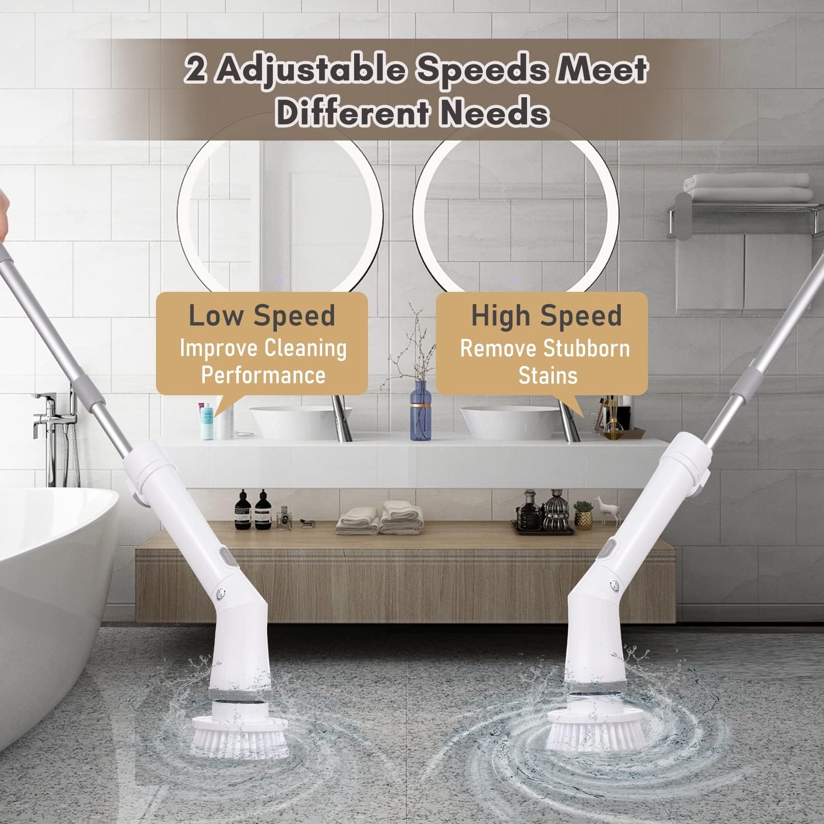 Limpiador Giratorio Eléctrico De Mano, Limpieza Eléctrica Inalámbrica, 2 Velocidades, Ajustable Con Varilla De Extensión, 6 Cabezales Brh Reemplazables For Baño, Bañera, Inodoro, Pared, Azulejo, Piso