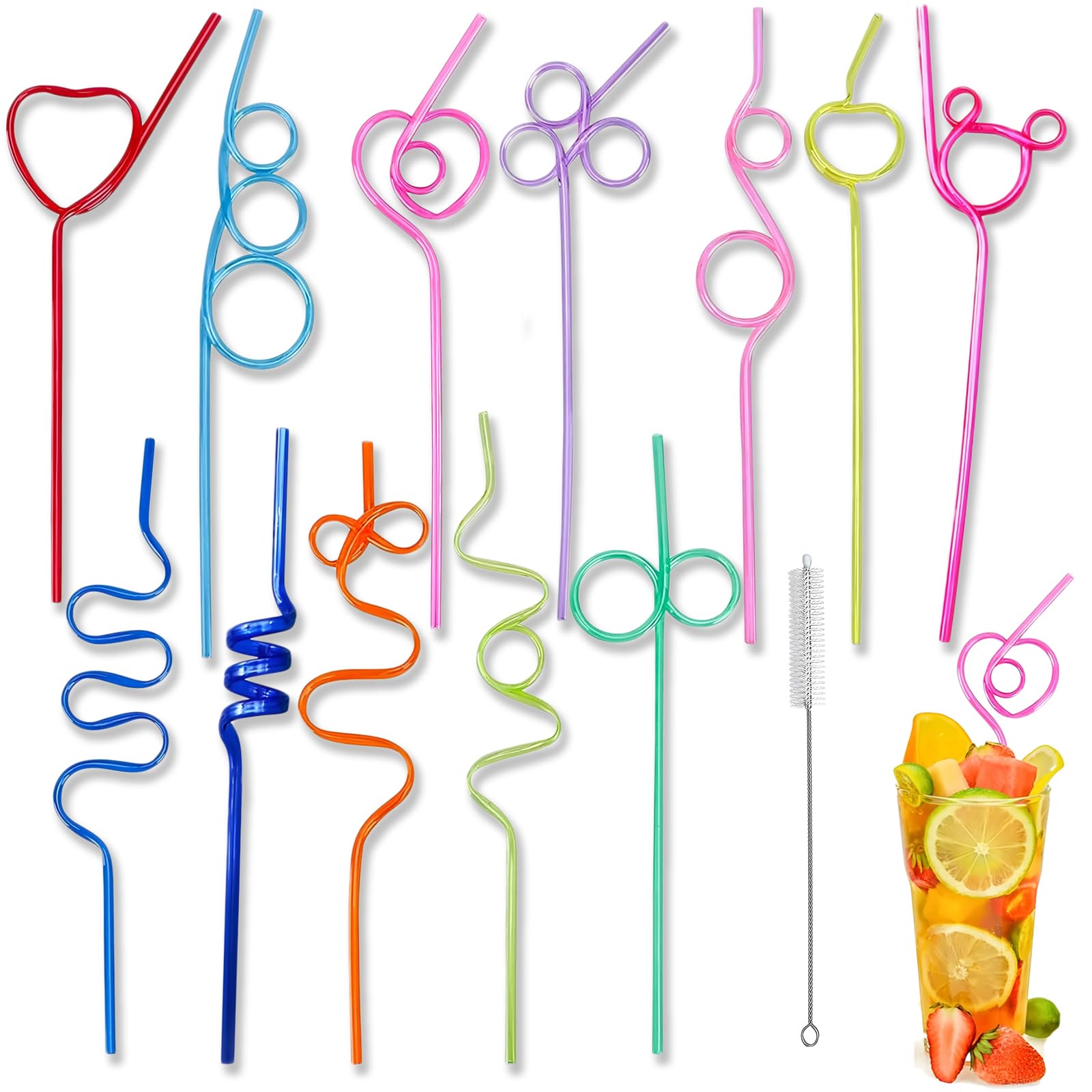 12 Pcs Creative Drinking Straws, Colorful Curly PET Straws with Cleaning Brush, Reusable Fun Straws for Kids Adults Party Birthday Cocktail