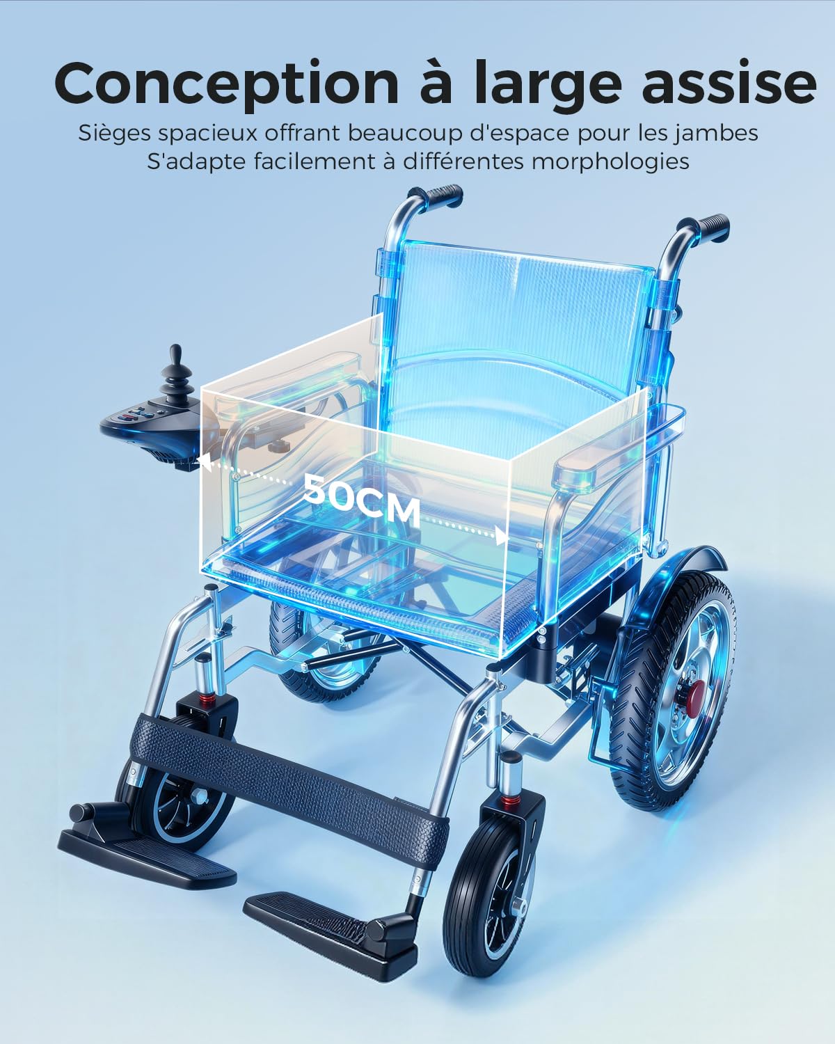 Fauteuil roulant electrique pliable adulte, assise 50 cm pour obèse, voyage | Grande taille, capacité de charge 182kg, large tout terrain scooter pour handicapé, autonomie de 25 km
