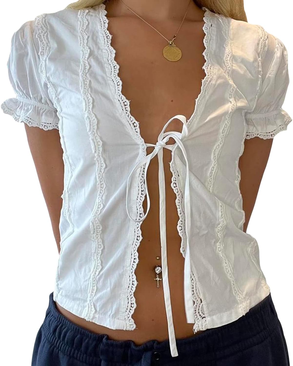 Tie Front Top for Women Coquette Lace Trim Babydoll Shirt Summer Going Out Top Y2k Short Sleeve Open Front Blouse - Image 2