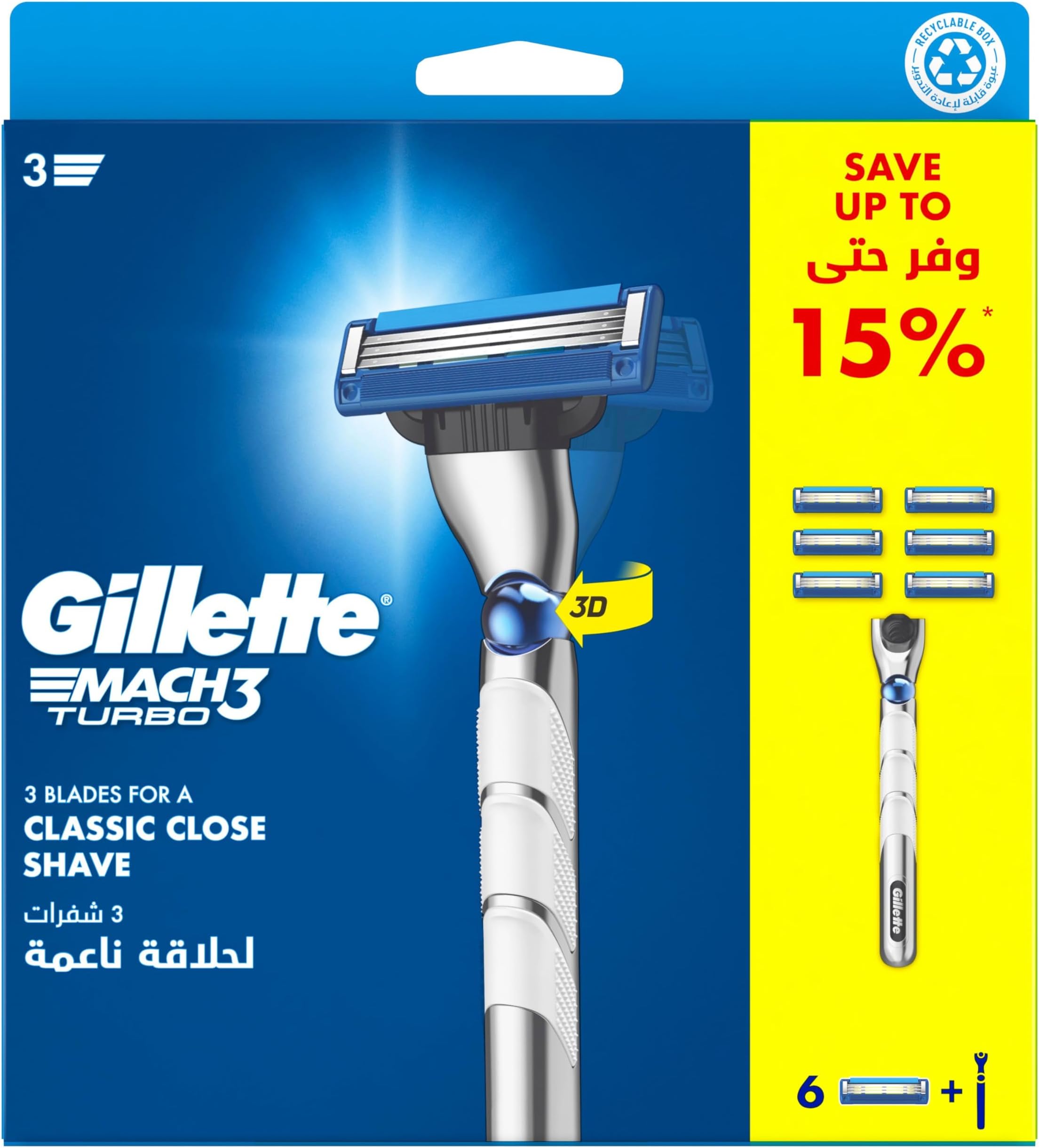Mach3 Turbo Men's Refillable Razor: Handle + 6 Blade Refills