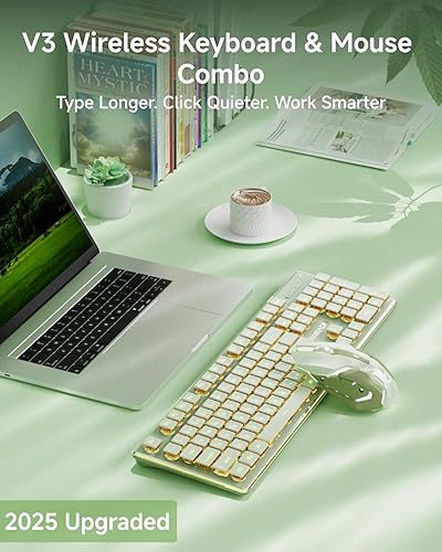 Vista 9 de V3 - Teclado y mouse inalámbricos con retroiluminación única, panel de metal, Bluetooth/2.4G recargable silencioso teclado y mouse combinados Verde