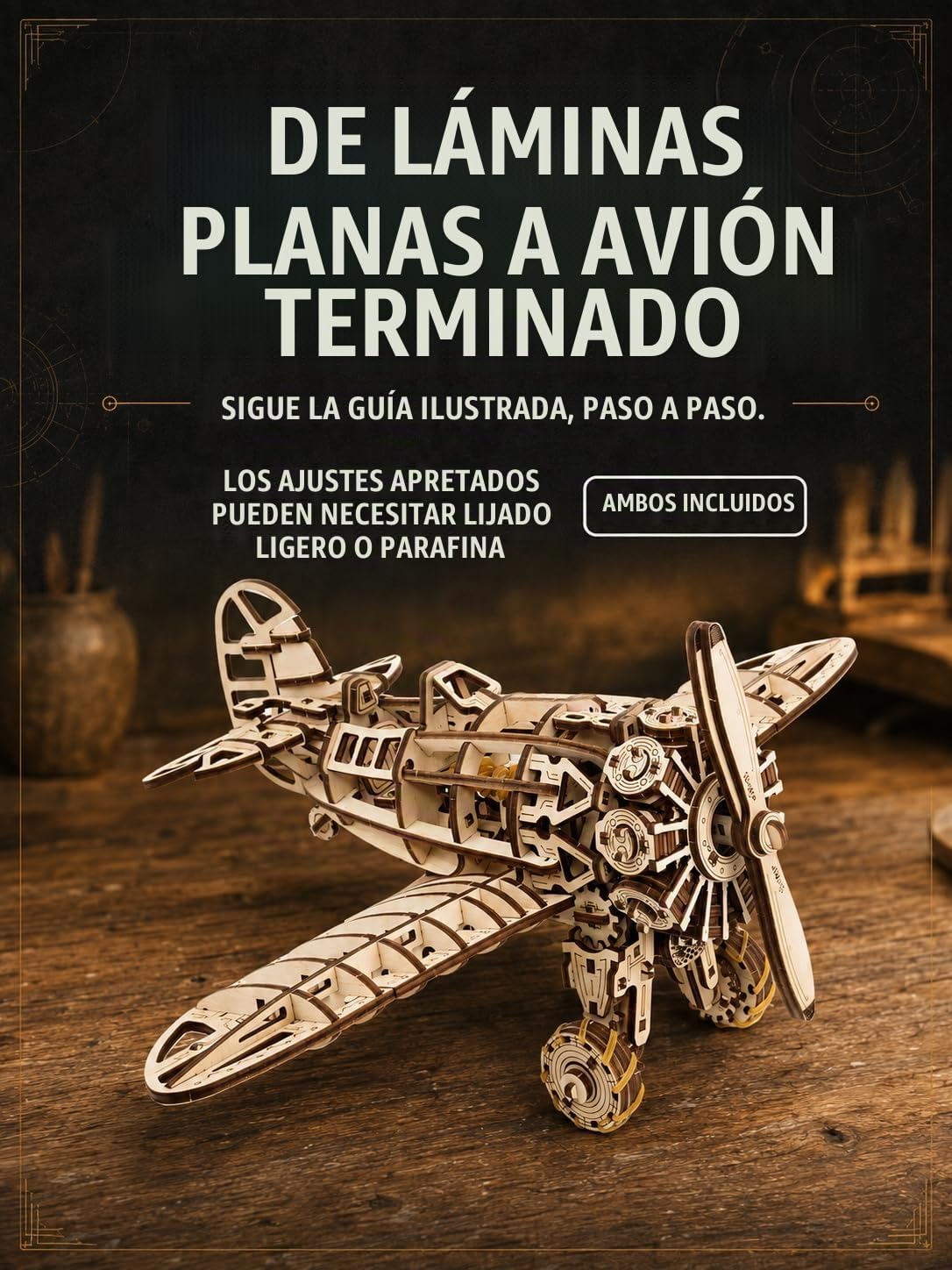 EWA Eco-Wood-Art - Avion - Rompecabezas mecánico 3D de Madera - Rompecabezas para Adultos y Adolescentes - Montaje sin Pegamento - 346 Piezas