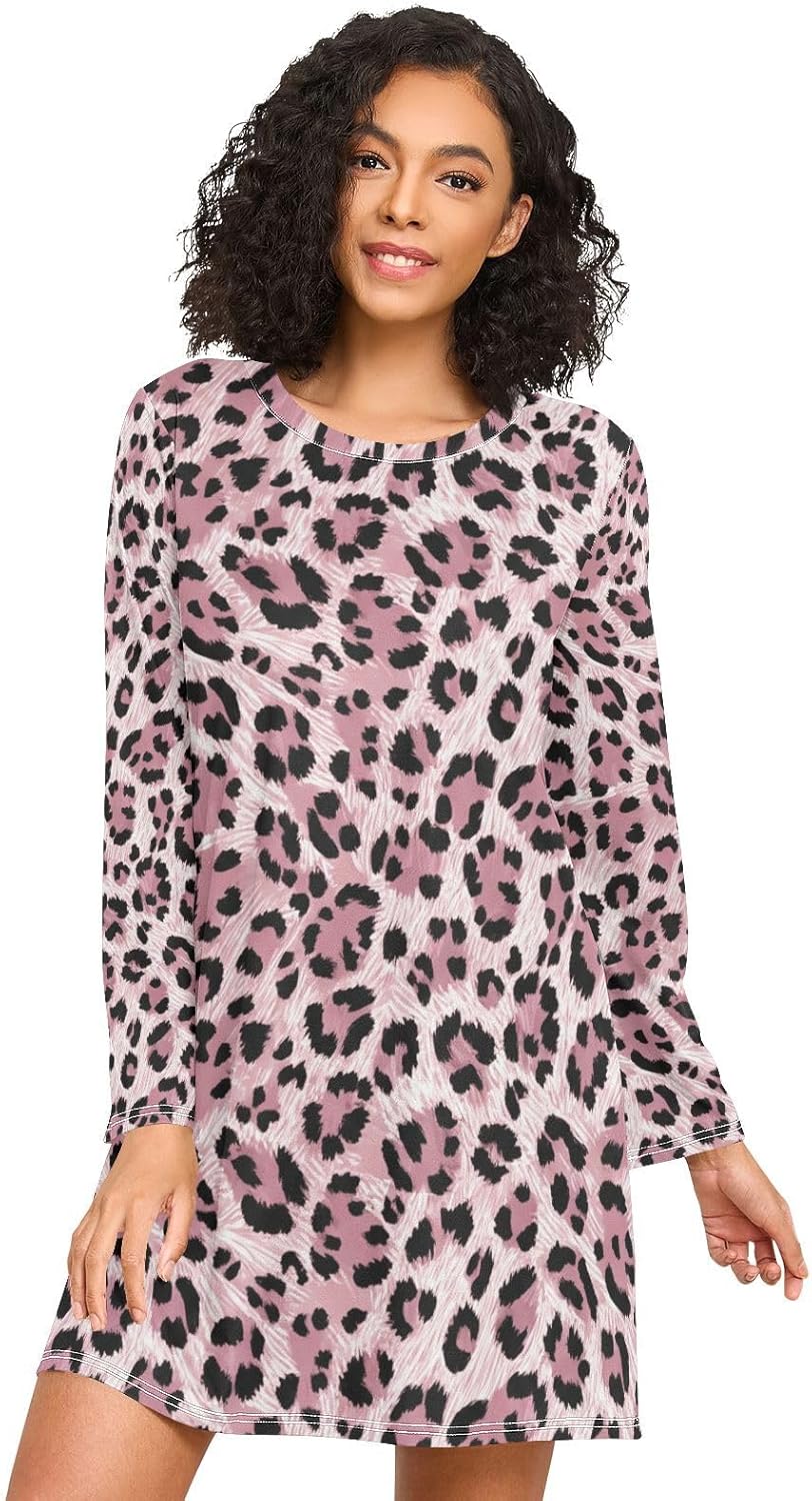 Leopard Print Soft Rose Long Sleeve Night Shirts for Women, Cozy Crewneck Sleep Dress, Comfortable Womens Nightgowns