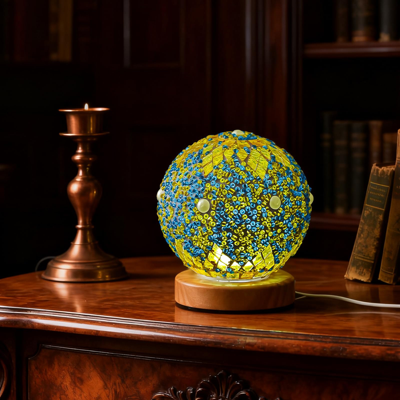 wpdash Morocco Mosaic Table Lamp Stained Glass Lamps with Wooden Base Turkish Sphere Decor Night Lights for Moroccan Style Meditation Room Office Desk Living Room Decoration(Maroc - Green, Maroc) — image 1