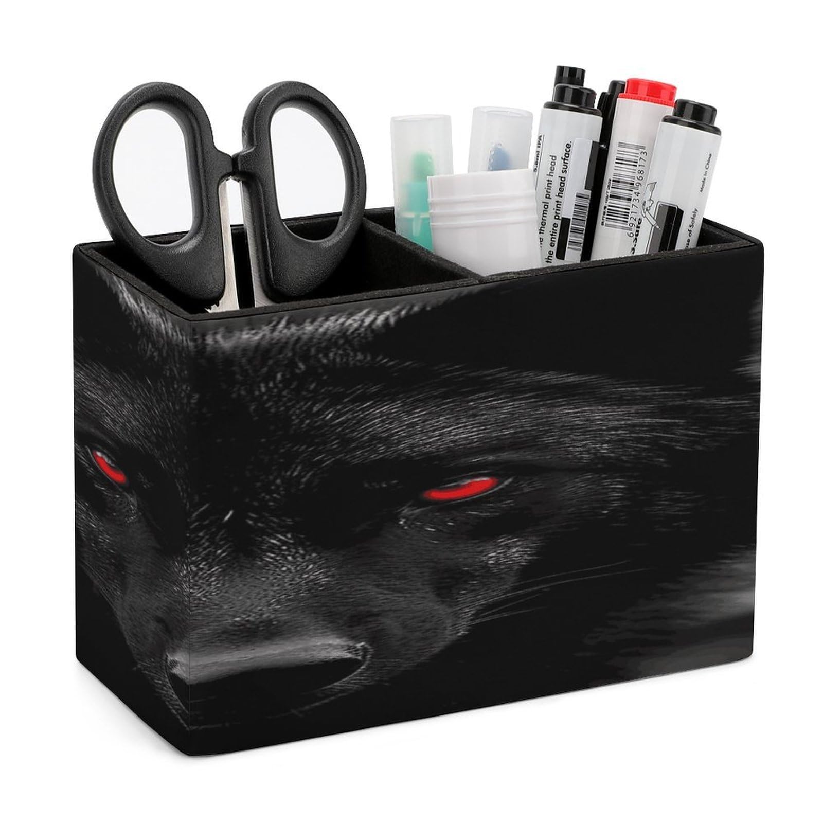 FekiLoot PU Leather Black Red Eyed Wolf Pen Holder for Desk 2 Compartments Desktop Stationary Organizer Rectangle Table Pencil Cup Stand Desktop Stationery Organizer Case for Office Home