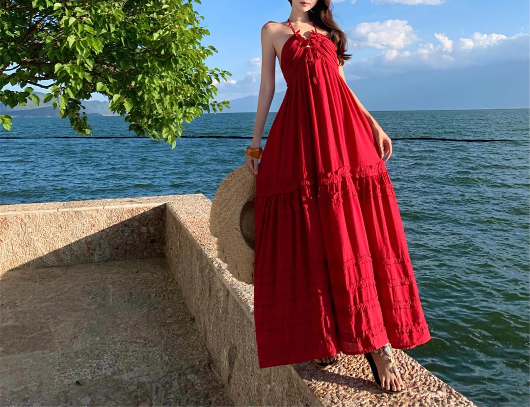 Vestido largo sin mangas para mujer, con volantes, espalda descubierta, escalonado, vestido de playa de verano