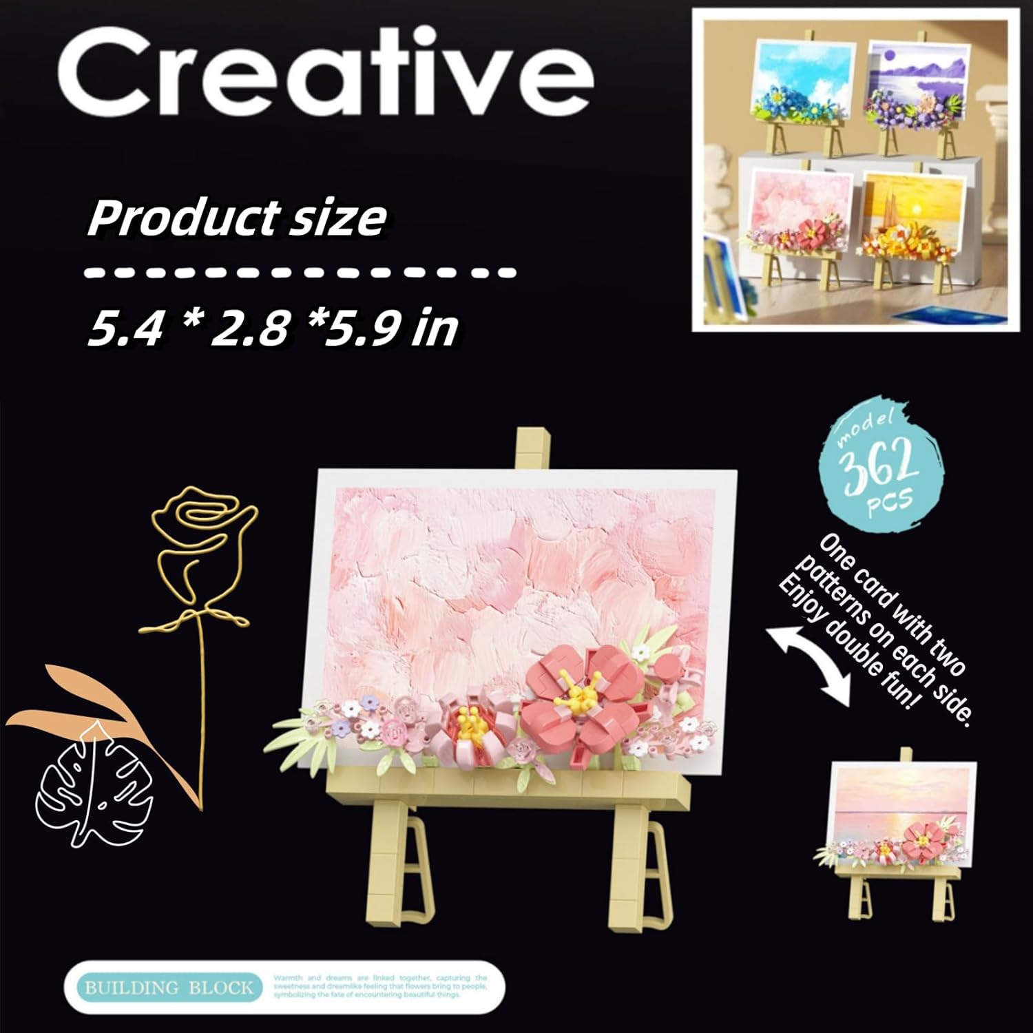 Mini Flowers Picture Frame Building Set, Desk Decor Block Easel for Message Stickers and Painting Photo Frame, Pink Roses Flower Bouquet Building Toys Gifts for Her