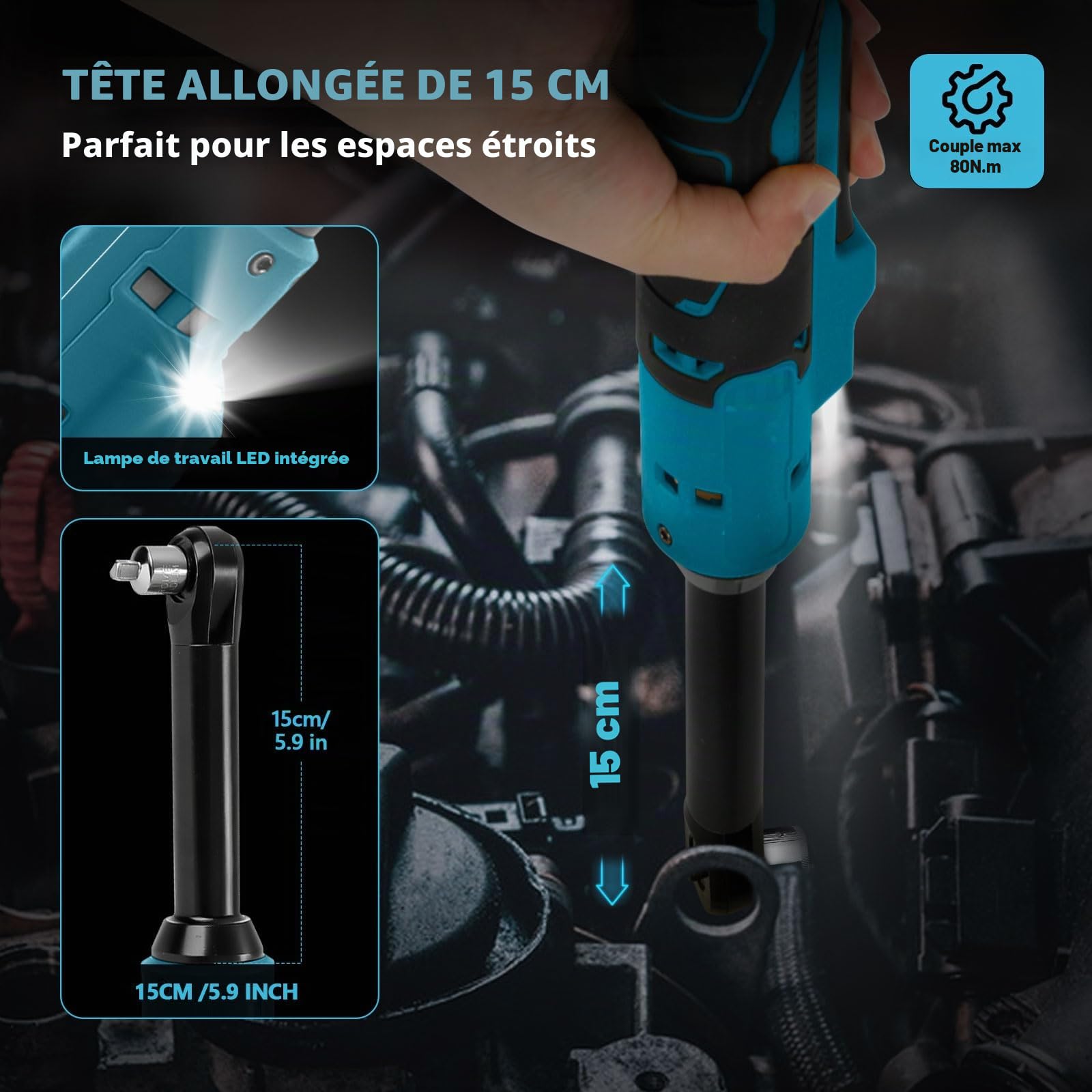 JOJOCY Clé à cliquet sans fil 3/8" compatible avec batterie MK 18 V avec adaptateur 1/2" et 1/4", tête allongée de 15 cm, vis à cliquet électrique, 80 Nm, 320 tr/min (bleu)