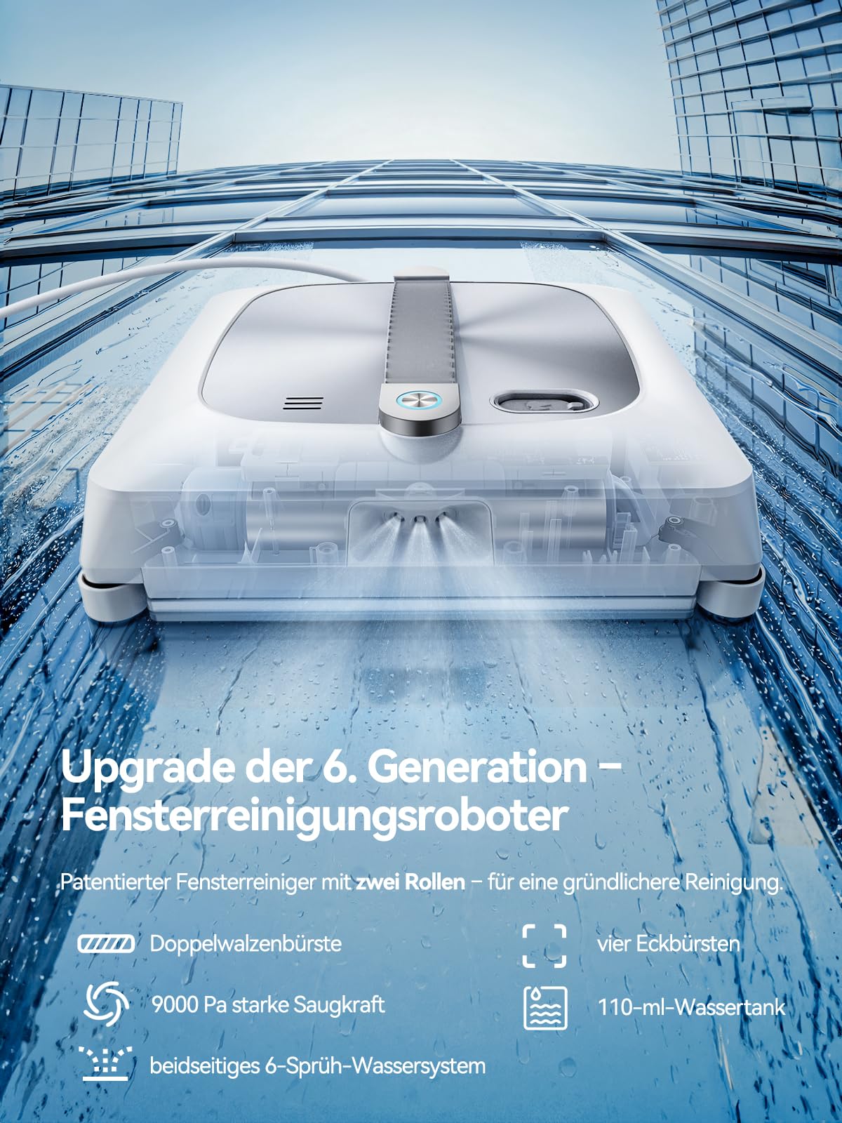 Keero Fensterputzroboter 2026 Upgrade 6Gen mit Doppelwalzenbürste, Vier Eckbürsten, 9000Pa, 6 Düsen, 110ml Wassertank, Intelligente Navigation, Reinigungsfrequenz variabel, Absturzsicherung