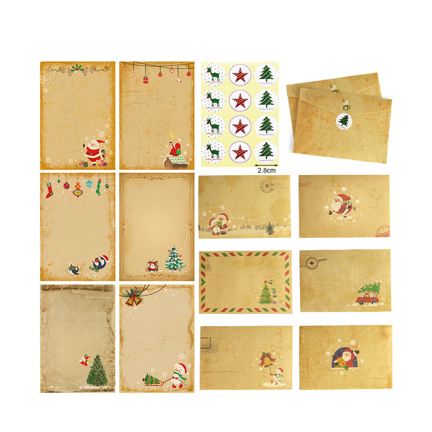 Stationary Paper and Envelopes Set, Aged Christmas Craft Stationery Papers Set ( 30 Christmas Envelopes + 60 Antique Letter Papers + 36 Sealing Stickers) for Writing, Arts, Gift - 8.47" x 6.3"