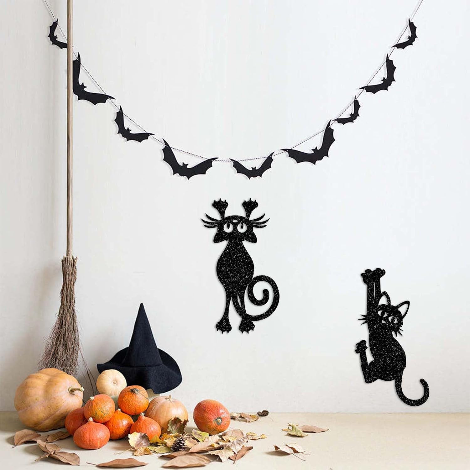 Halloween Black Cat Wall Sticker Decoration, Spooky Black Glitter Cat Silhouette Wall Decals, Double Side Scary Cats Wall Window Sticker for Spooky Halloween Party Decorations, Haunted House Accents