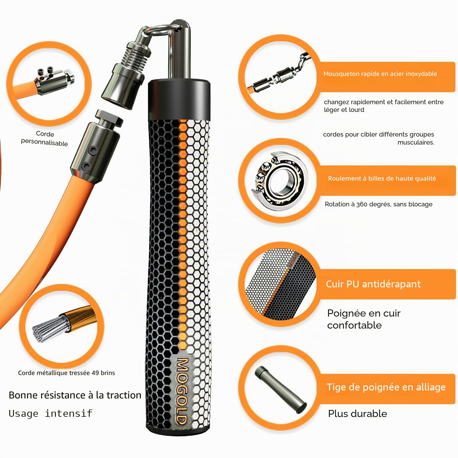 Corde à sauter lestée pour homme et femme – Interchangeable 0,9 kg, 0,9 kg – Rotation à 360 degrés – Longueur réglable, poignée ergonomique en cuir pour perte de poids et plus encore