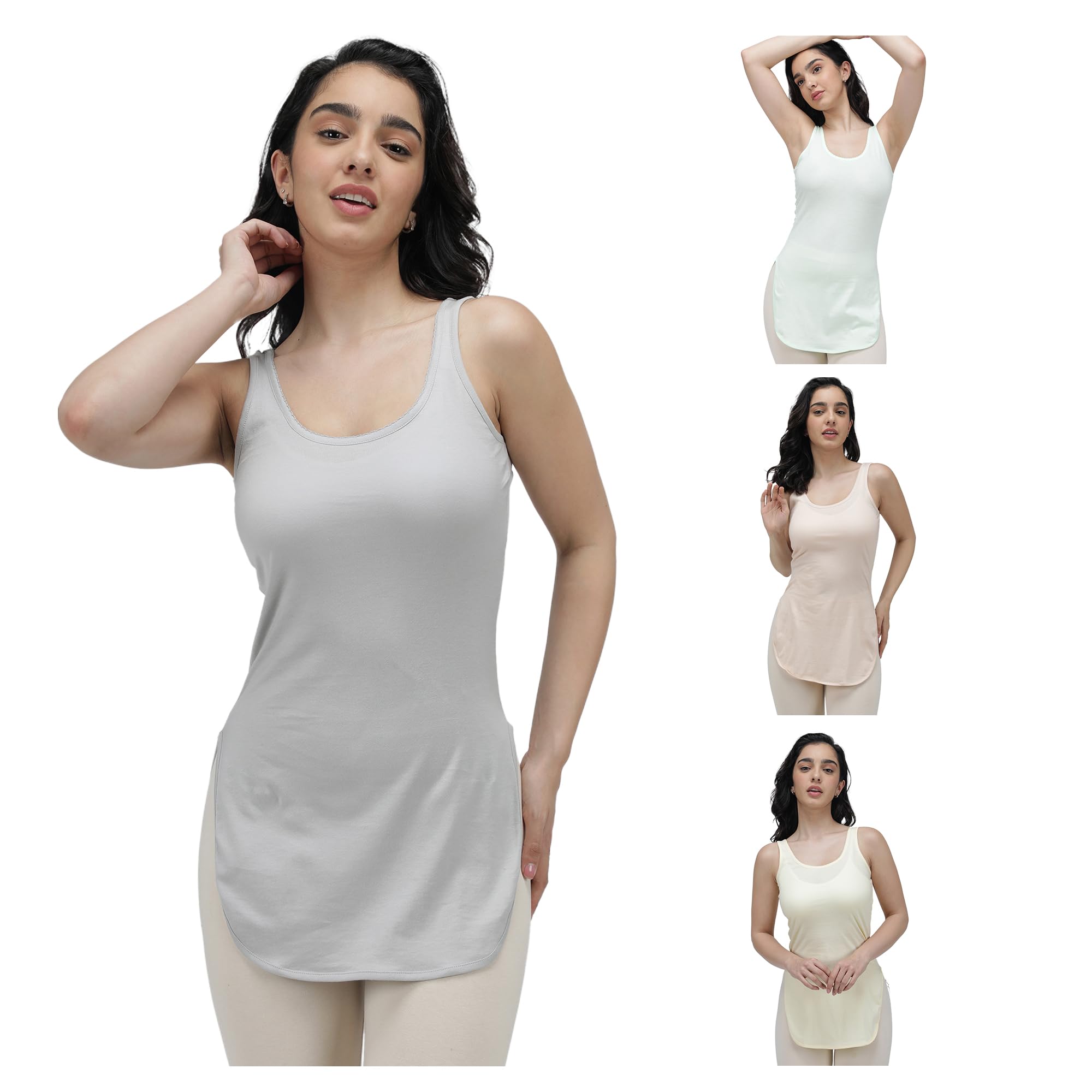 Pack of 4 Light Assorted Sleeveless Solid Cotton Long Slips for Women | Colour May Vary | Assorted Colours-image-7