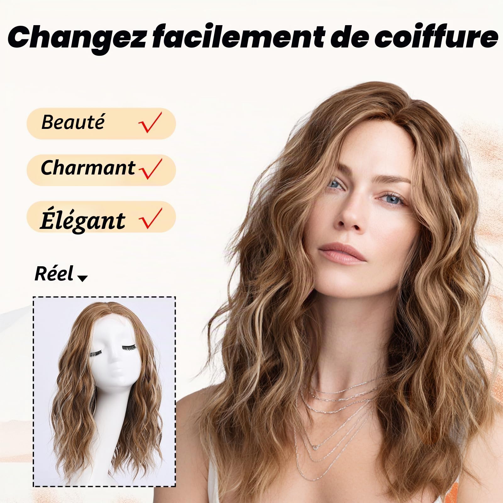 Perruque mi-longue avec mèches claires pour femmes 45 cm - Perruque brun chocolat avec mèches platine - Perruque ondulée à séparation médiane - Perruque synthétique pour cosplay, usage