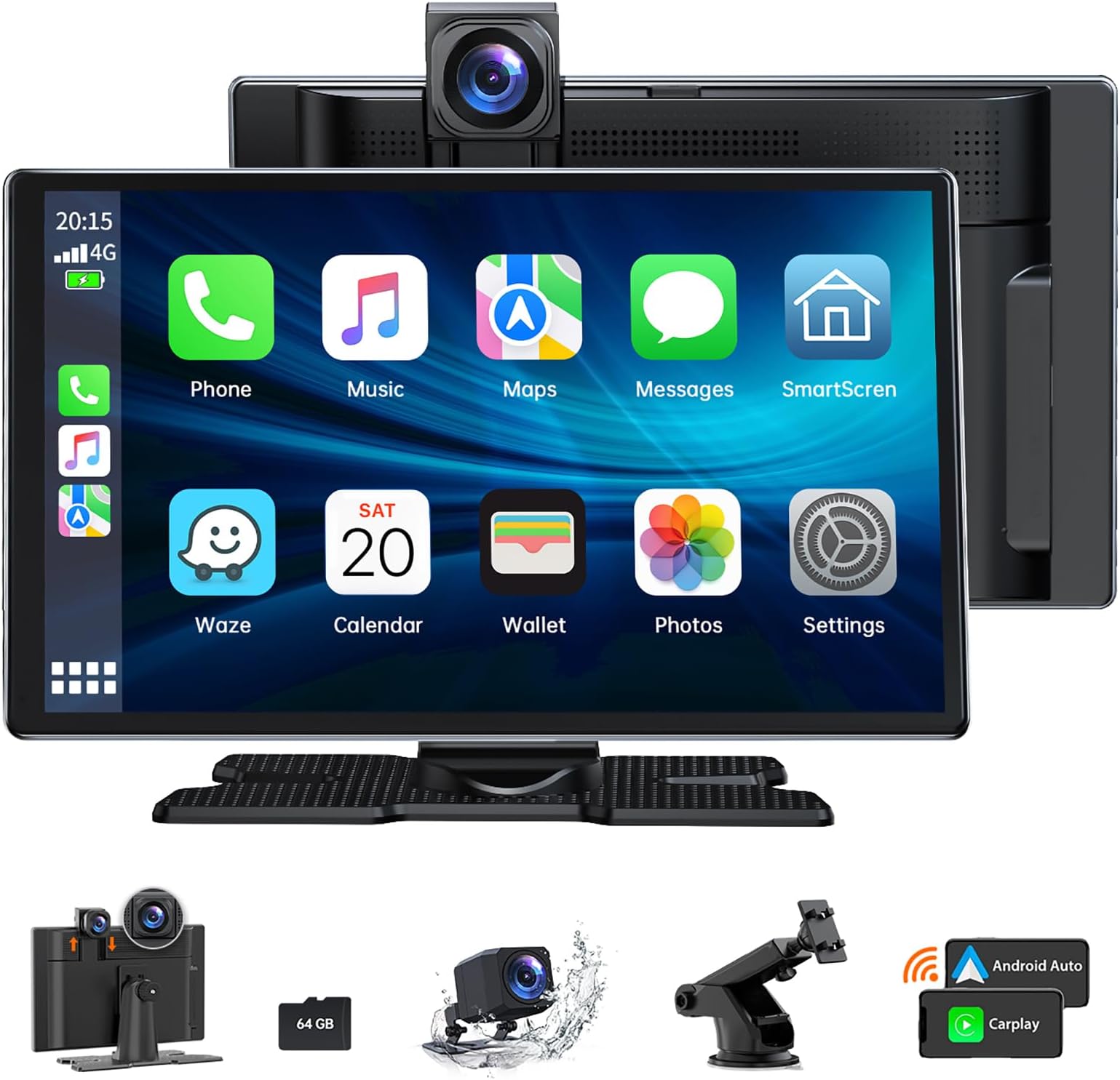 HOTPEAK Wireless Carplay & Android Auto with 4K Dash Cam, 9