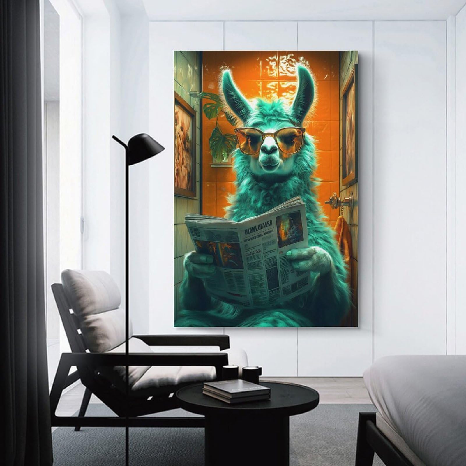 Junmoney Llama Reading Newspaper in Bathroom Home Decor Wall Art 24x36inch(60x90cm), for Gallery Wall Layouts in Home Or Office, A Versatile Canvas Print for Layering