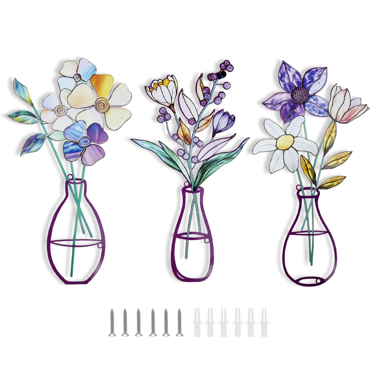 NZWBSHSSP 3 Pieces Metal Flowers Wall Art Colourful Minimalist Line Artwork Rustic Farmhouse Wall Decor for Living Room Bedroom Bathroom Dining Room Housewarming Gifts Home Decorations(Style C)
