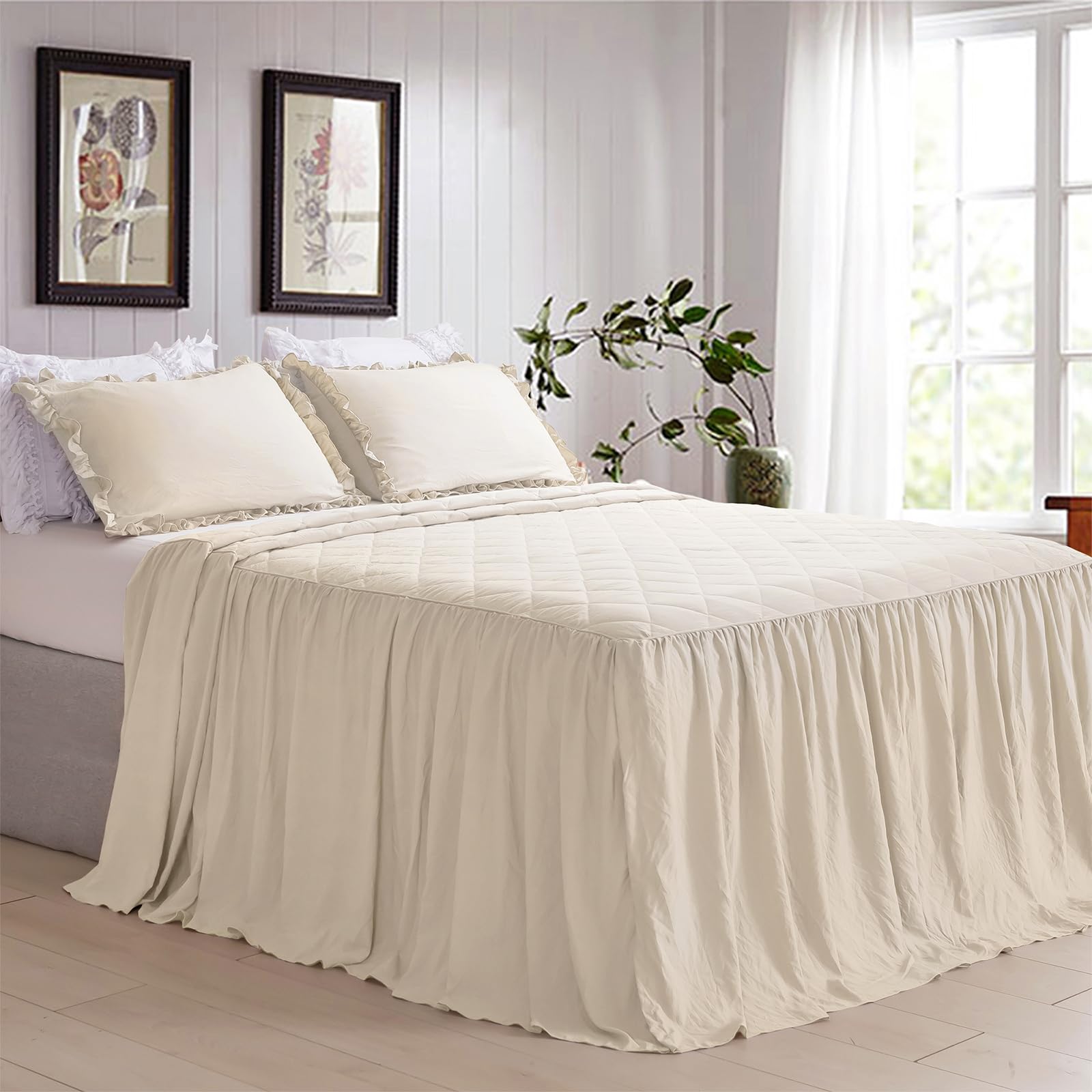 Photo 1 of Lady Ann Wheat Ruffle Skirt Bedspread Queen Size 3-Piece Set, Ultra Soft 30" Long Drop Corner Split Farmhouse Quilted Bed Spread Wheat Queen