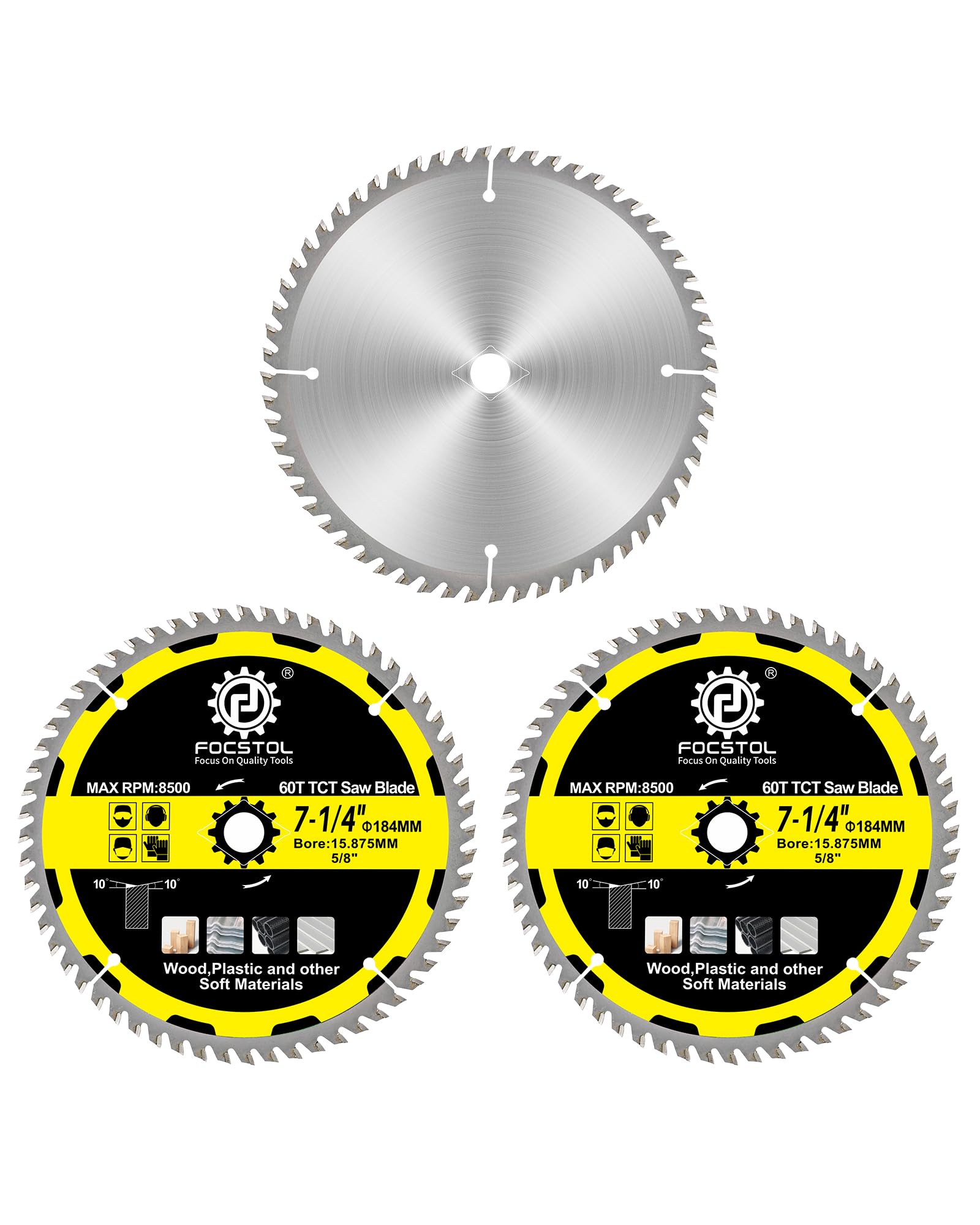FOCSTOL Wood Cutting Circular Saw Blade 184mm - 3pcs 60 Tooth TCT Cutting Blade for Cutting Wood, Plywood, Particle Board, Plastics and Other Soft Materials
