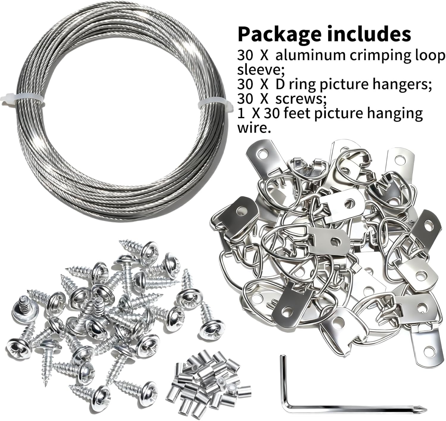 92PCS Picture Hanging Kit - 30 Feet Braided Hanging Wire, 30Pcs D Ring Picture Hangers with Screws and 30Pcs Aluminum Crimping Loop Sleeve for Canvas Paintings, Photo Frames thumbnail