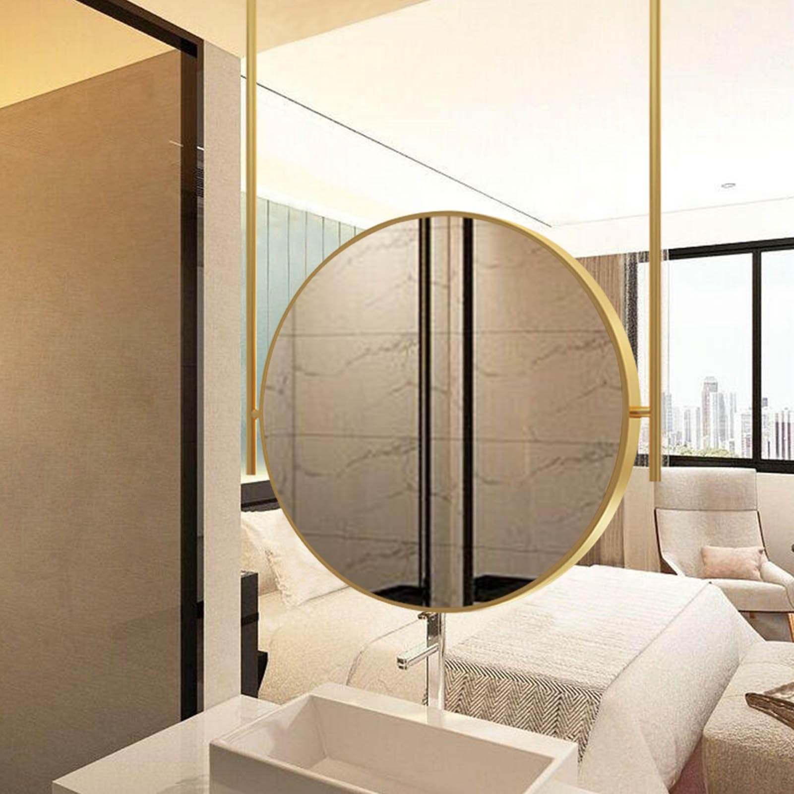 SXFSDOU Gold Round Metal Framed Mirror, Bathroom Vanity Makeup Mirrors, Washroom Shaving Mirrors for Decorative, Hanging Pole Mirror on the Ceiling(Diameter-70CM/27.6INCH)