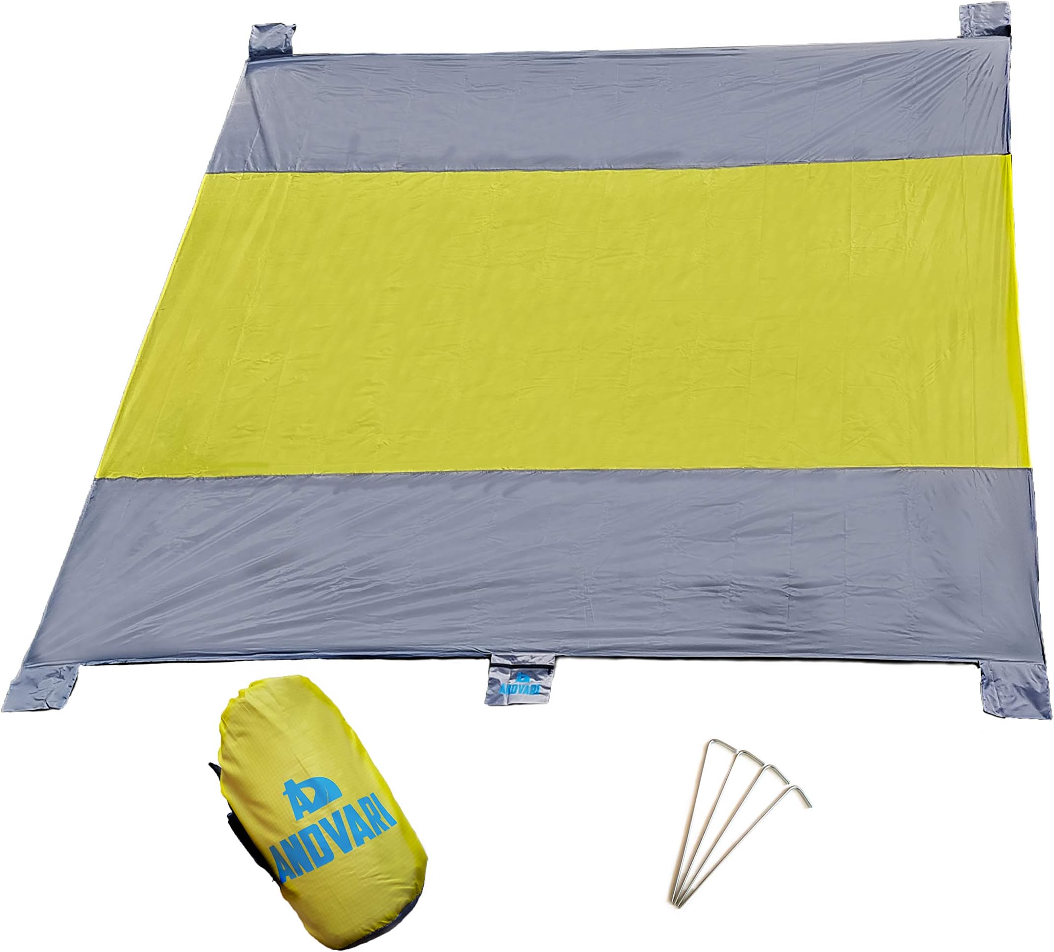 ANDVARI Big Beach Mat Extra Large 300x270cm Compact Strong Ripstop Quick Dry Picnic Sheet – 4 Pegs Plus Sand Anchors. Security Zipped Pocket. Perfect Garden/Camping For Whole family 10’ x 9’