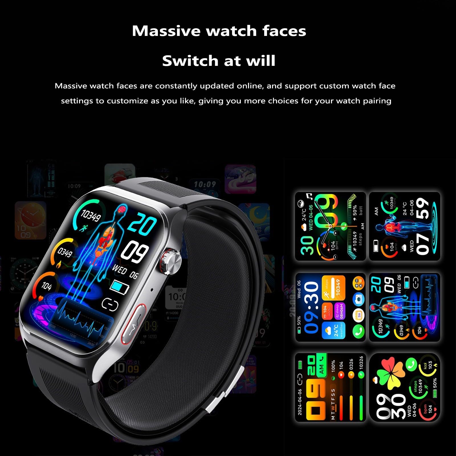 Smartwatch męski i damski, wodoszczelny, do fitnessu, pulsometr, Spo2, monitor snu, krokomierz, do systemu Android Ios Black