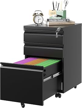 3 Drawer Mobile File Cabinet with Lock,Small Rolling Metal Office Storage Filing Cabinet Under Desk,Vertical Locking File Cabinets with Wheels for Home Office,Legal Fully Assembled,Black
