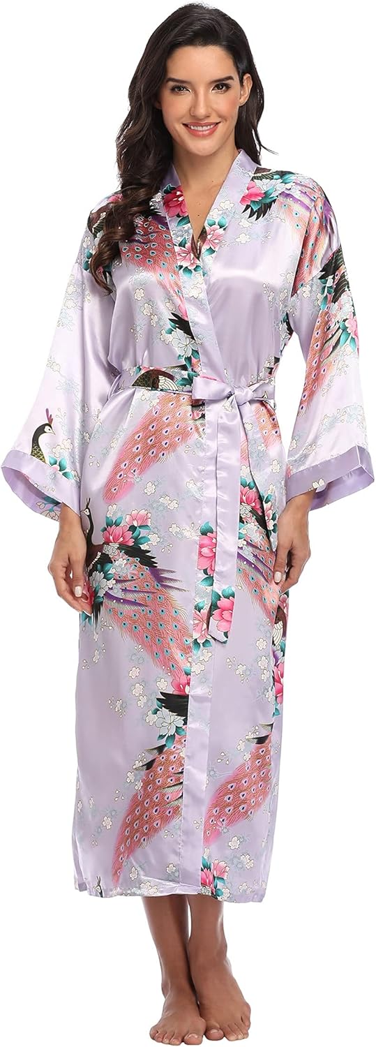 Valennia Women Long Silky Bathrobe Satin Kimono Robe Floral Printed Dressing Gown Sleepwear