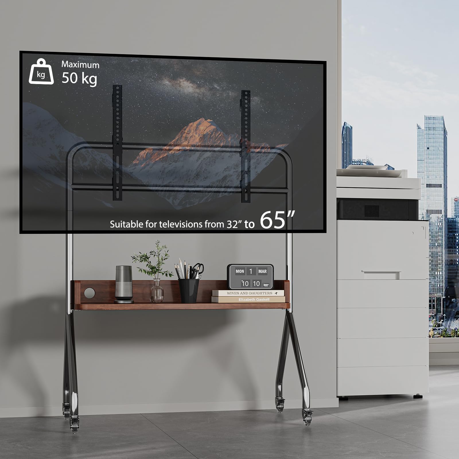 Mobilny wózek na telewizor, stojak na telewizor, na płaski zakrzywiony ekran LCD LED OLED, z regulacją wysokości, przenośny stojak na telewizor z kółkami blokującymi, nośność do 49 kg, maks. VESA 600