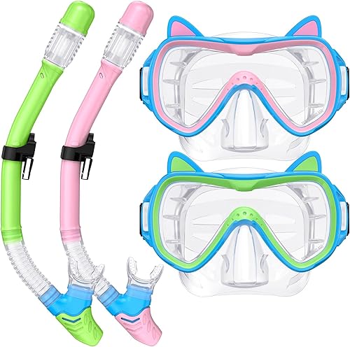 2025 Cute Kitten Kids Snorkel Set,Pastel Colors, Anti-Fog Tempered Glass Snorkeling Gear for Kids Age 6 and up Ideal for Birthdays or Graduation