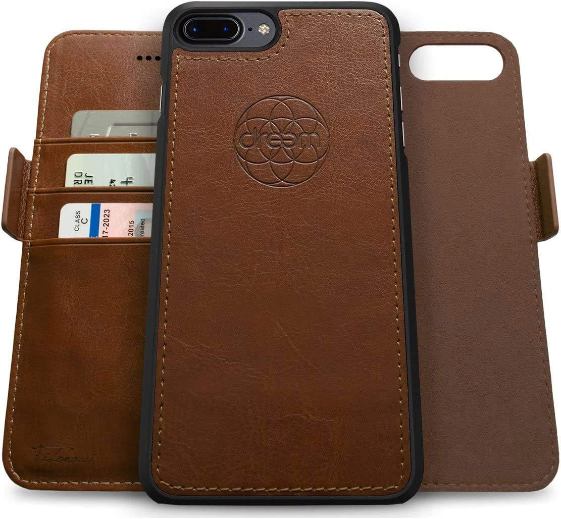 DreemFibonacci 2-in-1 Wallet Case for Apple iPhone 8 Plus & 7 Plus - Luxury Vegan Leather, Magnetic Detachable Shockproof Phone Case, RFID Card Protection, 2-Way Flip Stand - Chocolate