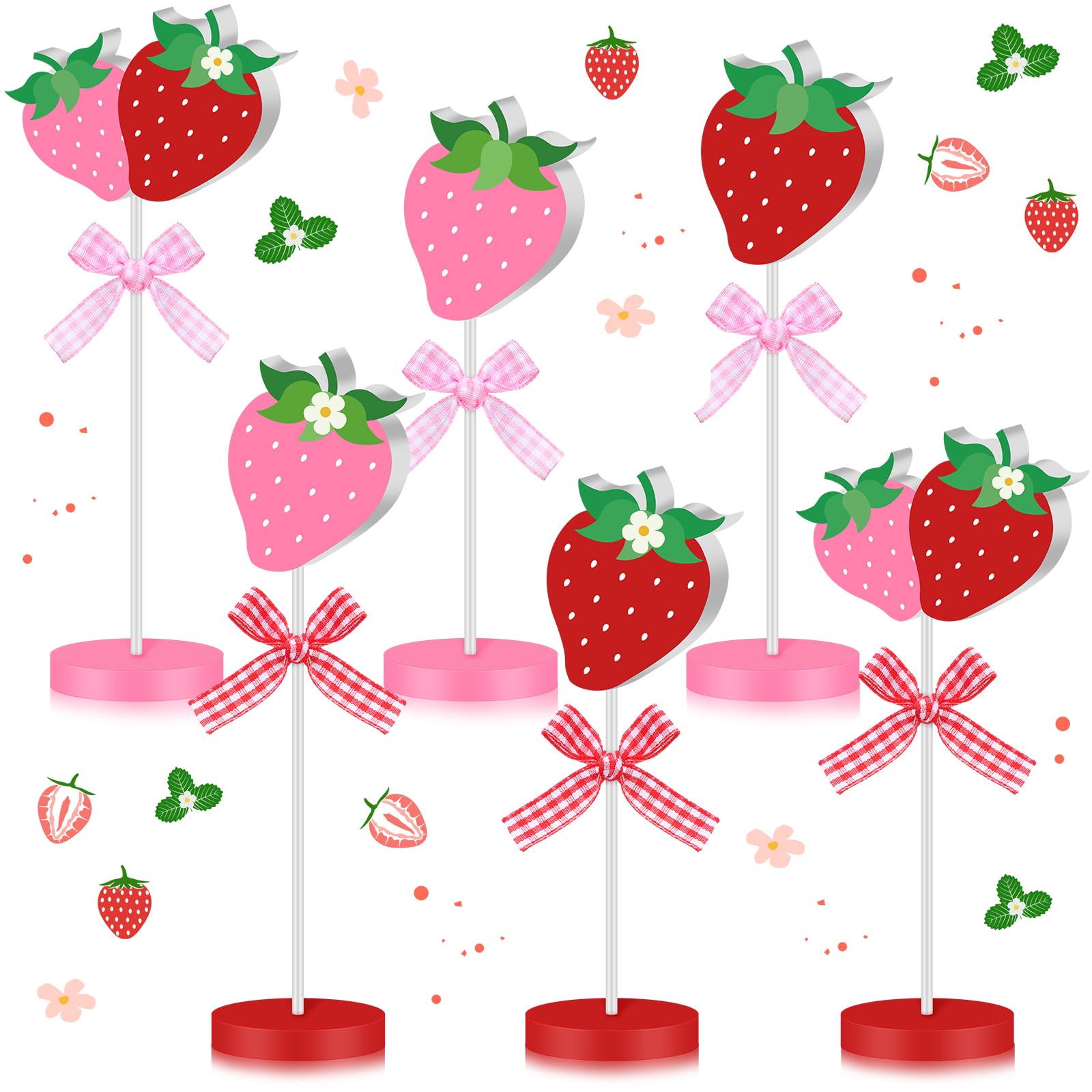 Briwooody 6 Pcs Strawberry Table Decorations Wooden Strawberry Centerpieces for Berry First Birthday Strawberries Baby Shower Summer Party Farmhouse Table Decor Red and Pink Standing Signs