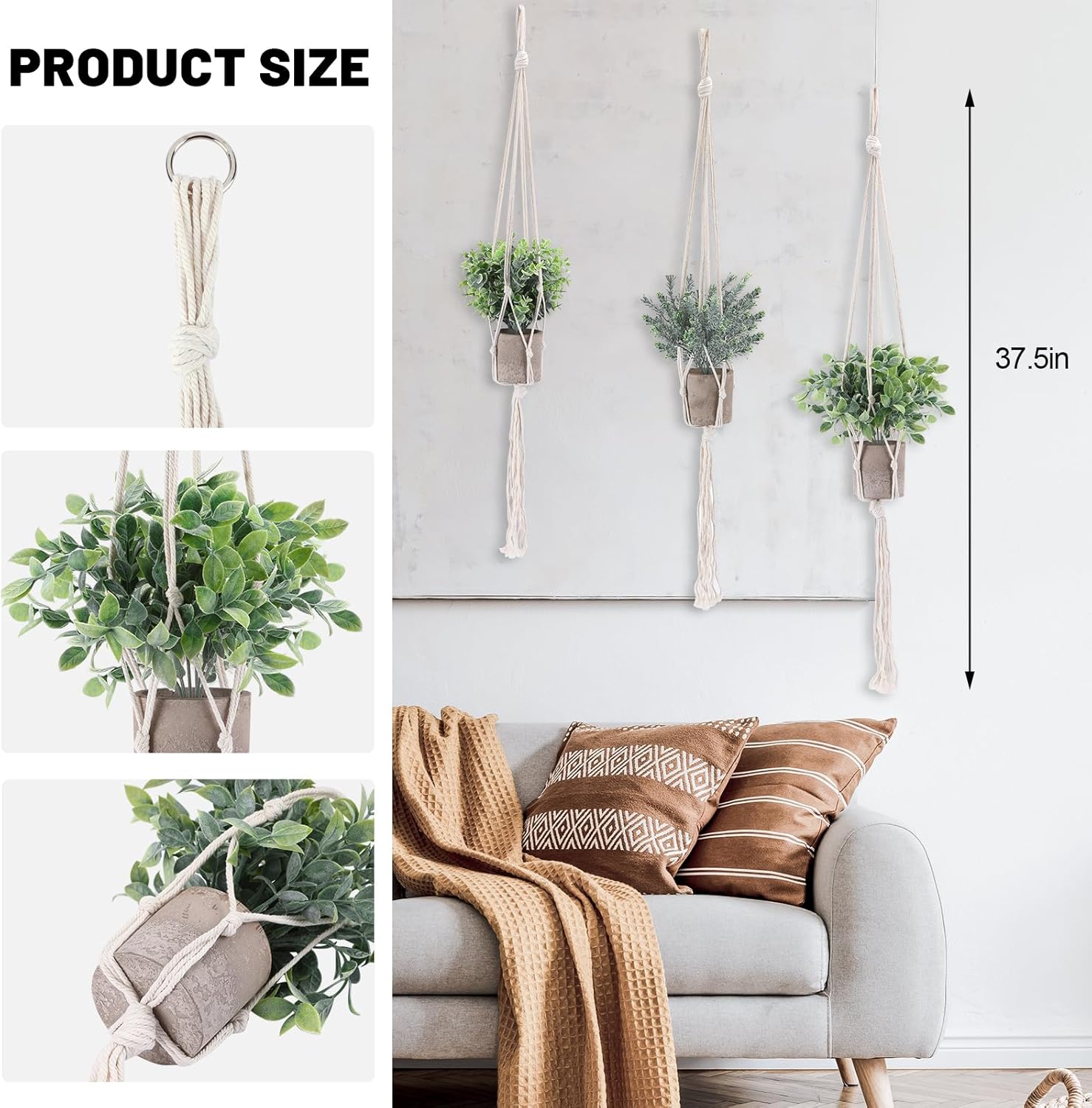 Set of 3 Green Artificial Plants with Macrame Hangers