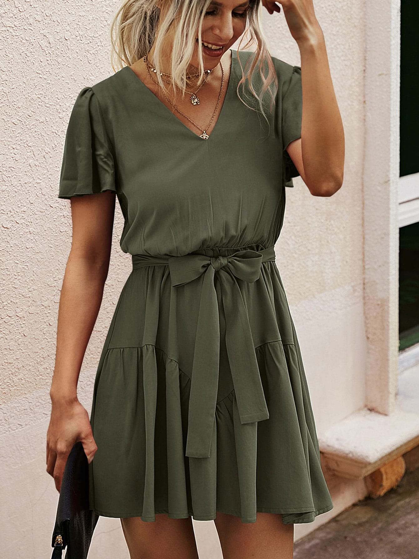 army green color dress Women's Dresses Butterfly Sleeve Ruffle Hem Belted Dress for Women (Color : Green, Size : Medium) : Clothing, Shoes & Jewelry Bust 34 Men's Linen Shirt, Short wip inv 2024 Size:48 Regular Jacket+40 Waist Adjust 36to42)(Height: 5'7