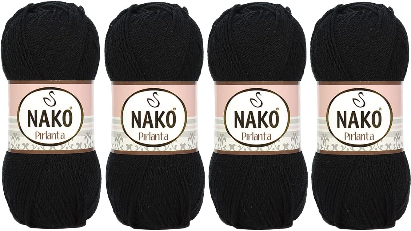 4Pack Nako Pirlanta Knitting Rope Each Skein(Ball) 3.53 Oz (100g) Amigurumi, Or Baby Yarn (Black 217)