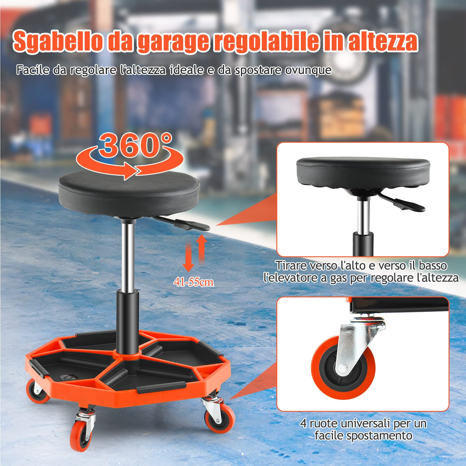GYMAX Sgabello da Officina, Banco di Riparazione Auto a 4 Ruote, Altezza Regolabile, Portata di 150 kg, Stoccaggio Utensili, con Ripiano Porta Attrezzi, Sedile Imbottito