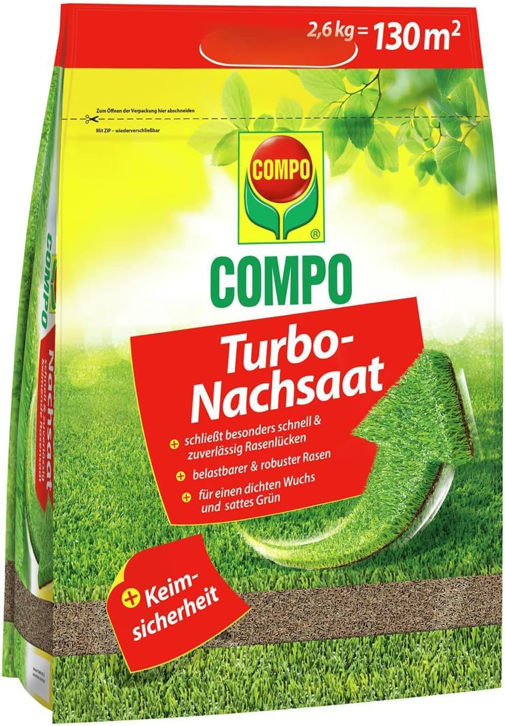 COMPO Turbo‑Nachsaat, 2,6 kg für 130 m² – Premium Rasensamen schnellkeimend und mit Keimsicherheit zur schnellen Reparatur von strapazierfähigen Spiel‑ und Gebrauchsrasen, Nachsaat Rasen Frühjahr